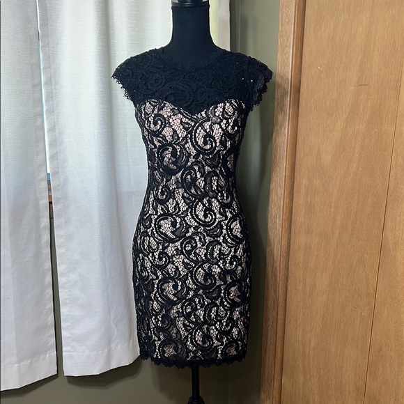 Sequin Hearts Dresses & Skirts - High-Neck, Cap Sleeve Lace and Sequins - Black and Tan Dress